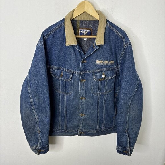 Mustang Stormrider Men L Blanket Lined Denim Jacket Blue Oilfield Logo - Picture 1 of 11